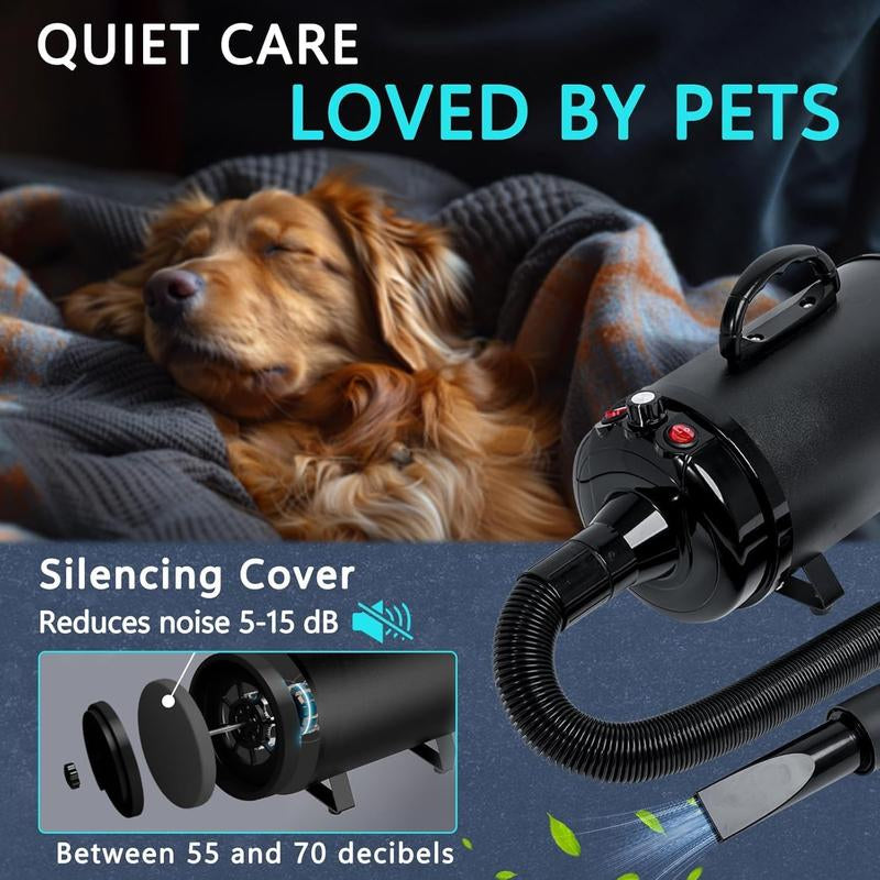 High Velocity Hair Dryer 5.2HP/ 3800W Professional Dogs Blower Dryer, Adjustable Temperature and Speed Pet Dryers with 4 Nozzles and a Comb, Black