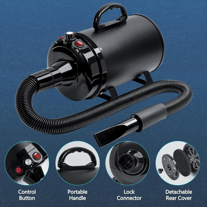 High Velocity Hair Dryer 5.2HP/ 3800W Professional Dogs Blower Dryer, Adjustable Temperature and Speed Pet Dryers with 4 Nozzles and a Comb, Black